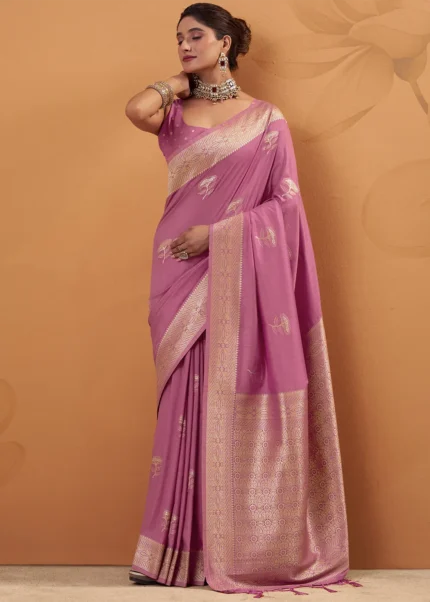 Rose Pink Tussar Silk Banarasi Saree