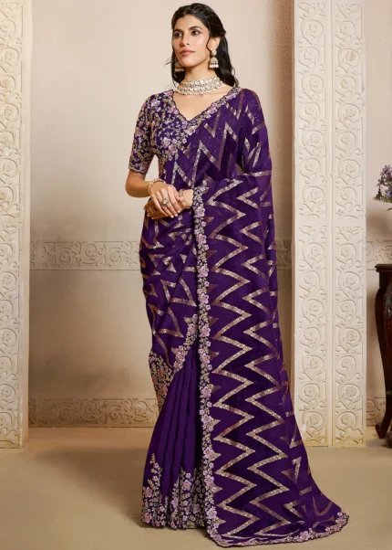 Royal Purple Embroidered Saree with Floral Work