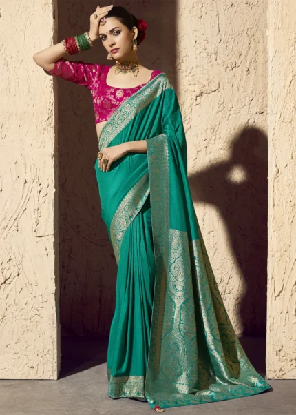 Teal Georgette Banarasi Saree with Golden Zari