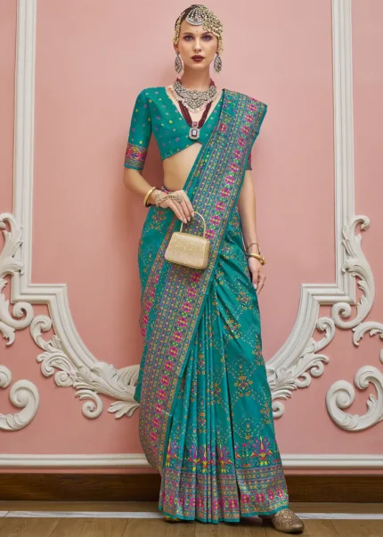 Teal Kashmiri Jamawar Silk Saree