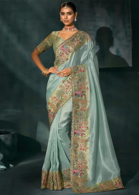 Turquoise Embroidered Silk Saree with Scalloped Border