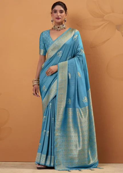 Turquoise Tussar Silk Banarasi Saree
