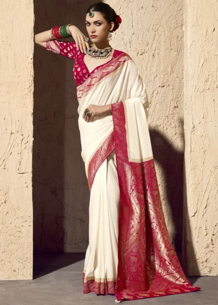 White & Red Georgette Banarasi Saree with Golden Zari