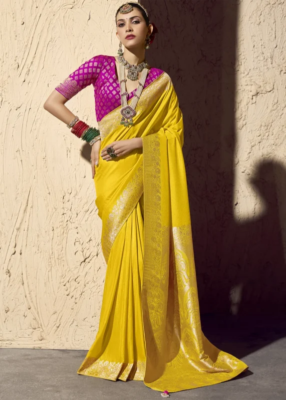 Yellow Georgette Banarasi Saree with Golden Zari