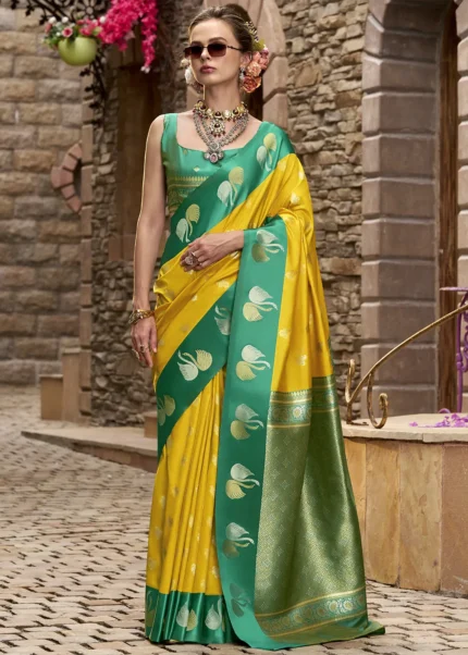 Yellow and Emerald Green Banarasi Saree