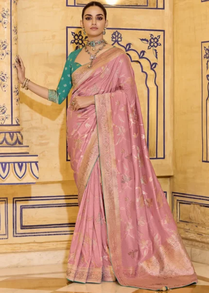 Blush Pink Banarasi Silk Saree with Stone Work
