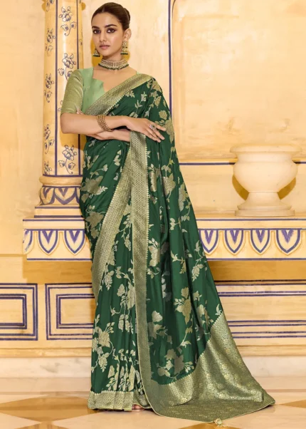Bottle Green Banarasi Saree with Mint Green Blouse