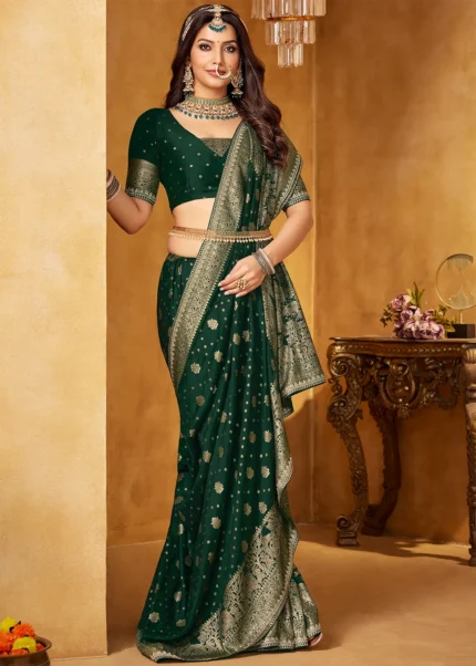 Bottle Green Banarasi Silk Saree with Stone Work
