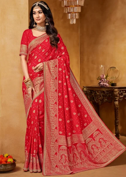 Bridal Red Banarasi Silk Saree with Stone Work