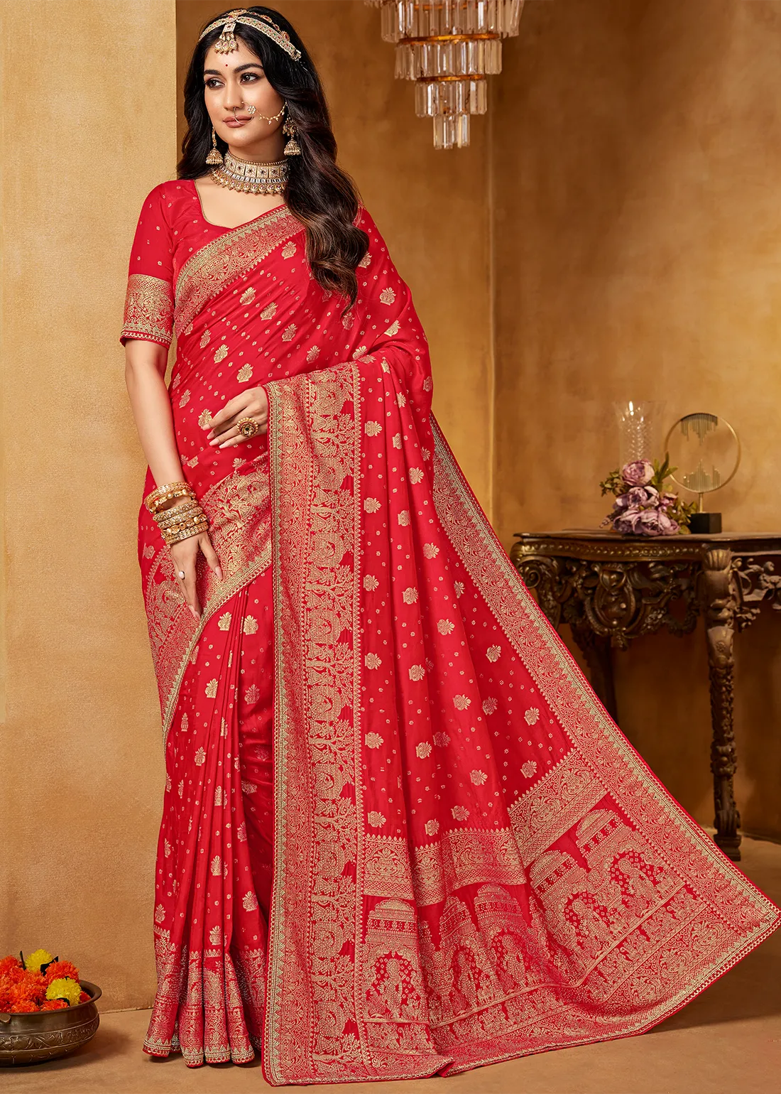 Bridal Red Banarasi Silk Saree with Stone Work Bridal Red Banarasi Silk Saree with Stone Work