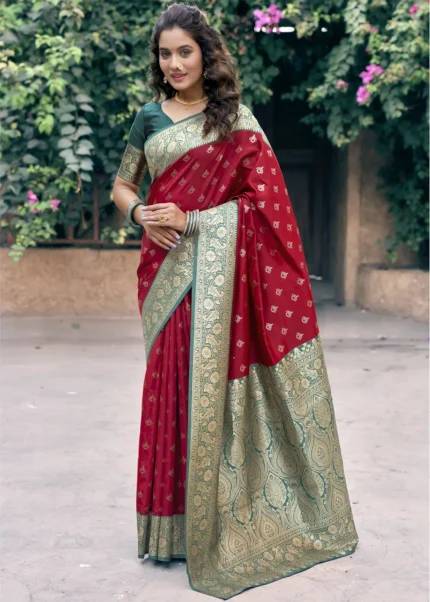 Carmine Red & Green Banarasi Silk Saree