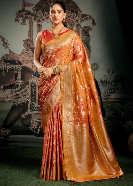 Coral Orange Banarasi Silk Saree with Zari Weaving
