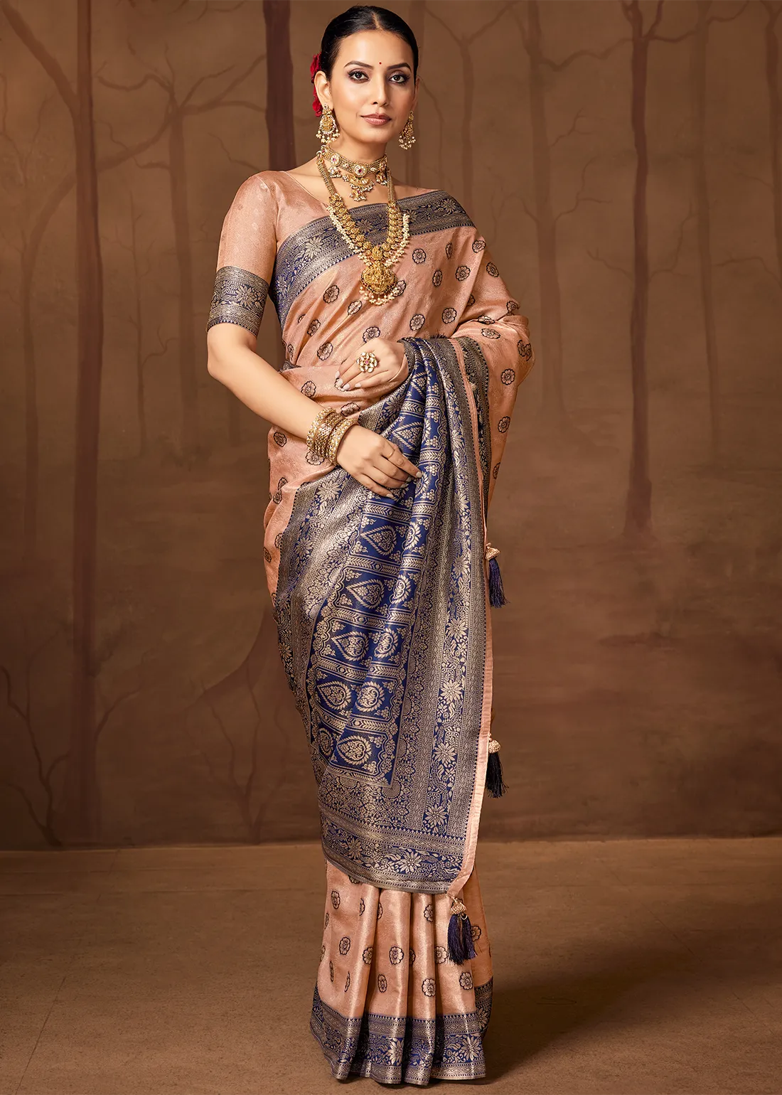 Coral Peach & Navy Blue Banarasi Silk Saree Coral Peach & Navy Blue Banarasi Silk Saree