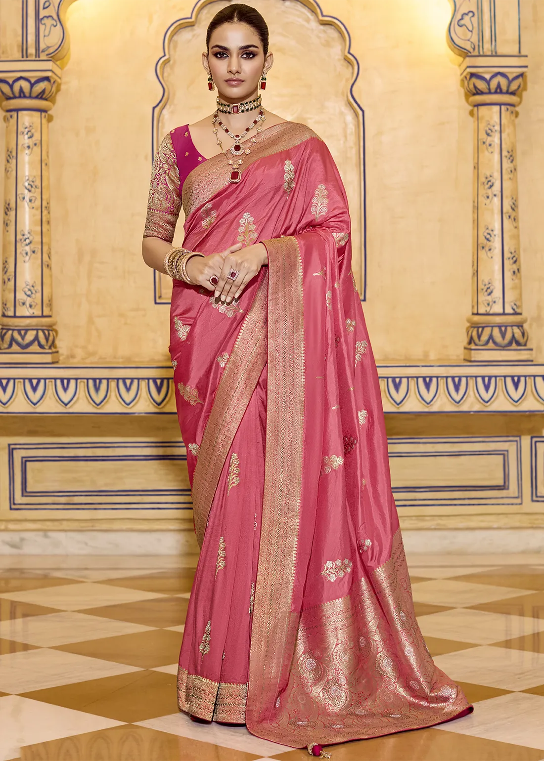 Coral Pink Banarasi Silk Saree with Stone Work Coral Pink Banarasi Silk Saree with Stone Work