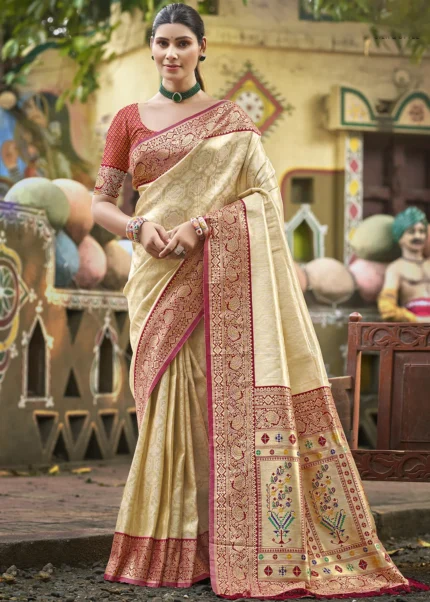 Cream Kanjivaram Silk Saree with Maroon Blouse