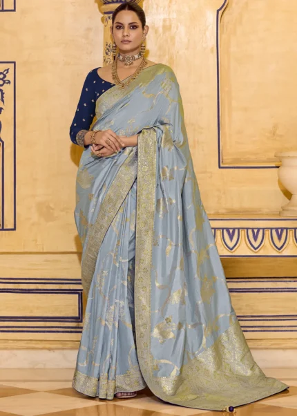 Dusty Blue Banarasi Saree with Navy Blue Blouse