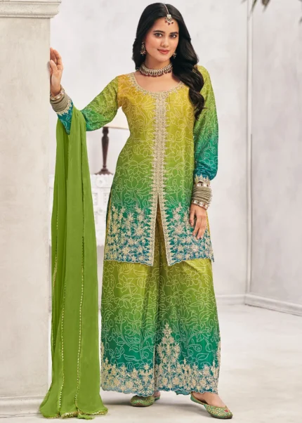 Embroidered Chiffon Ombré Green Sharara Suit