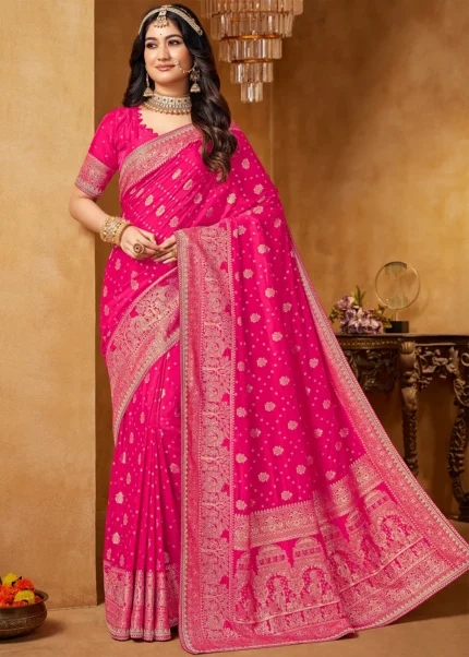 Fuchsia Banarasi Silk Saree with Stone Work