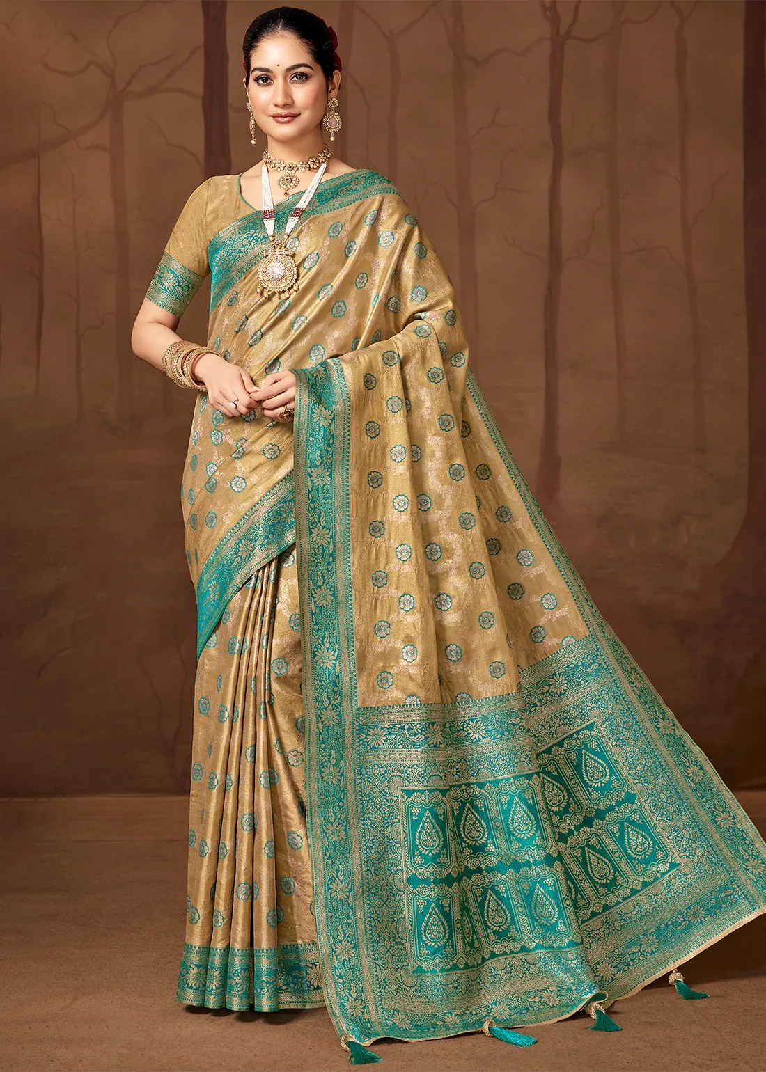 Gold Beige & Teal Banarasi Silk Saree Gold Beige & Teal Banarasi Silk Saree