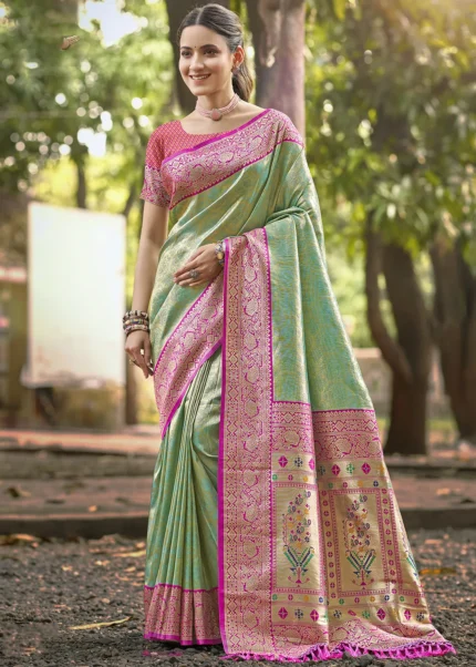 Green Kanjivaram Silk Saree with Pink Blouse