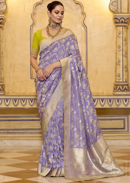 Lavender Banarasi Saree with Lime Green Blouse