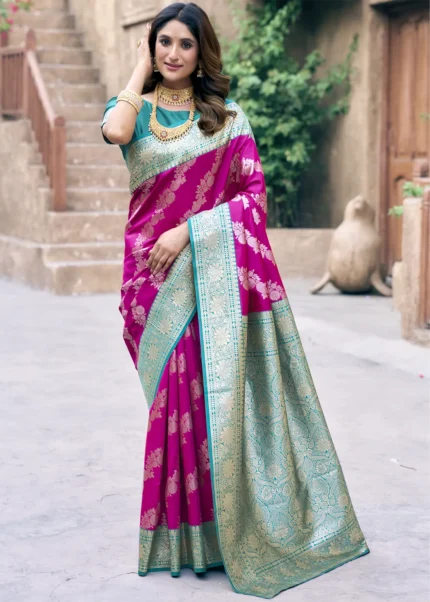 Magenta & Teal Banarasi Silk Saree