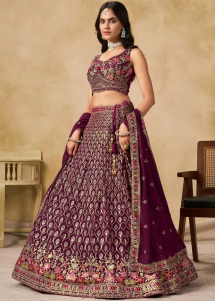 Maroon Georgette Embroidered Lehenga Choli with Dupatta