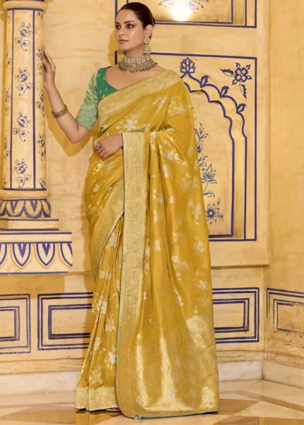 Mustard Yellow Banarasi Silk Saree with Stone Work