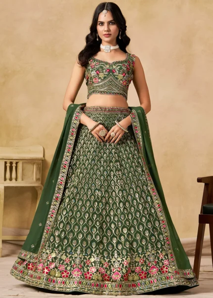 Olive Green Georgette Embroidered Lehenga Choli with Dupatta