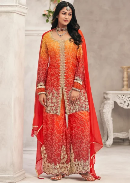 Ombré Orange Chiffon Sharara Suit
