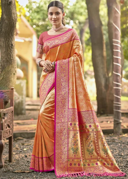 Orange Kanjivaram Silk Saree with Pink Blouse