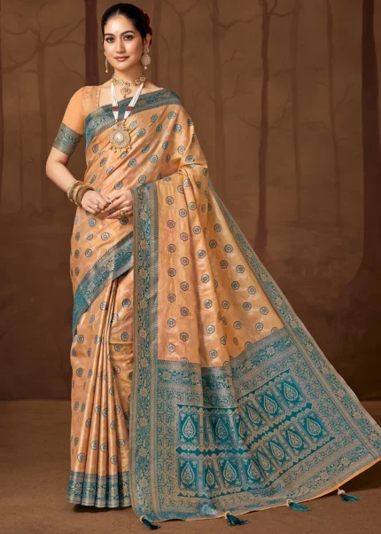 Peach & Peacock Blue Banarasi Silk Saree