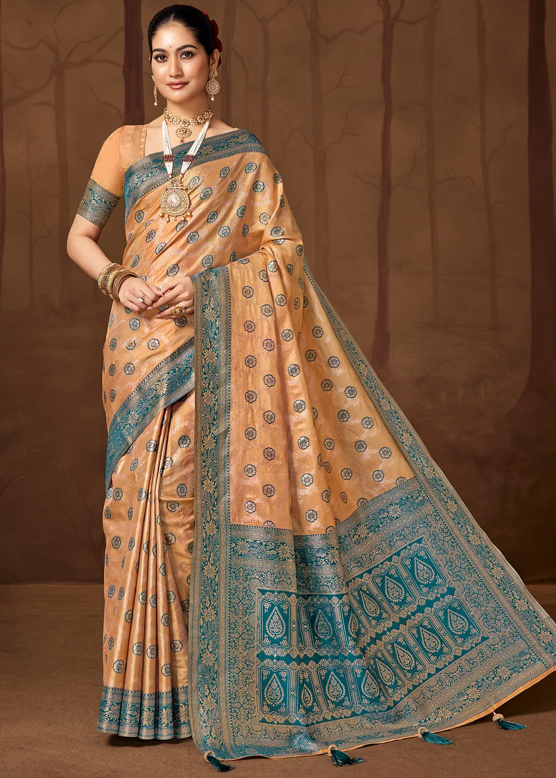 Peach & Peacock Blue Banarasi Silk Saree Peach & Peacock Blue Banarasi Silk Saree