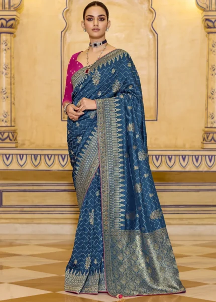Peacock Blue Banarasi Silk Saree with Stone Work