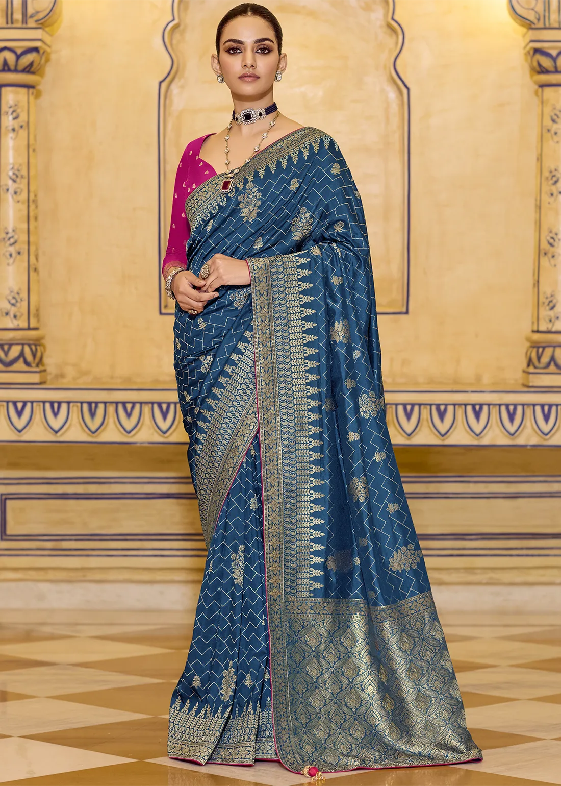 Peacock Blue Banarasi Silk Saree with Stone Work Peacock Blue Banarasi Silk Saree with Stone Work