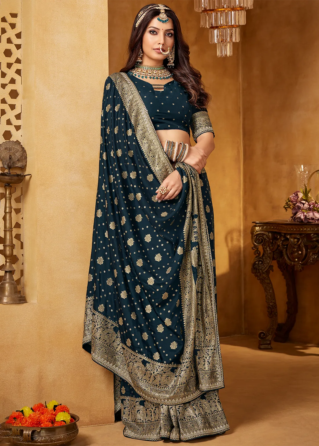 Peacock Blue Banarasi Silk Saree with Stone Work Peacock Blue Banarasi Silk Saree with Stone Work