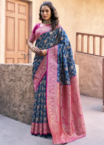 Peacock Blue & Pink Banarasi Silk Saree