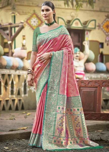 Pink Kanjivaram Silk Saree with Green Blouse