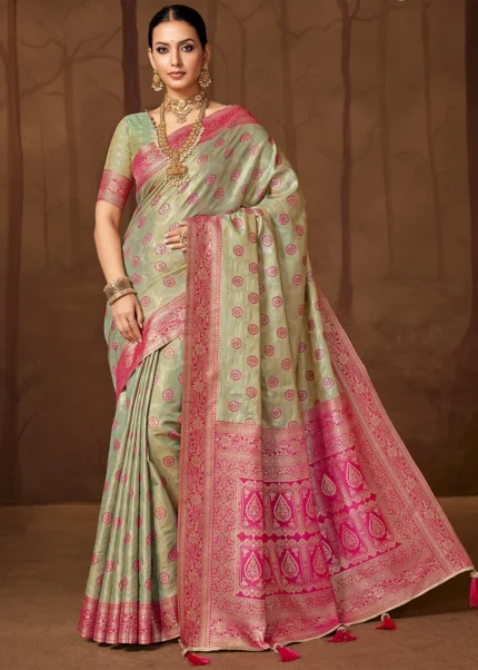 Pista Green & Pink Banarasi Silk Saree