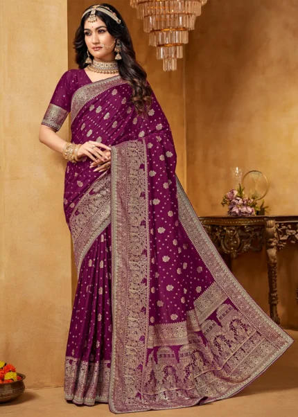 Plum Banarasi Silk Saree with Stone Work