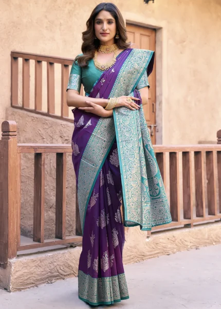 Purple & Teal Banarasi Silk Saree