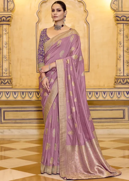 Rose Pink Banarasi Saree with Purple Blouse
