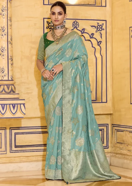 Sea Green Banarasi Saree with Bottle Green Blouse