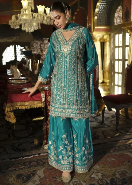 Teal Chinon Silk Sharara Suit