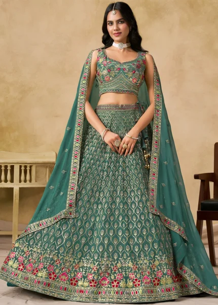 Teal Georgette Embroidered Lehenga Choli with Dupatta