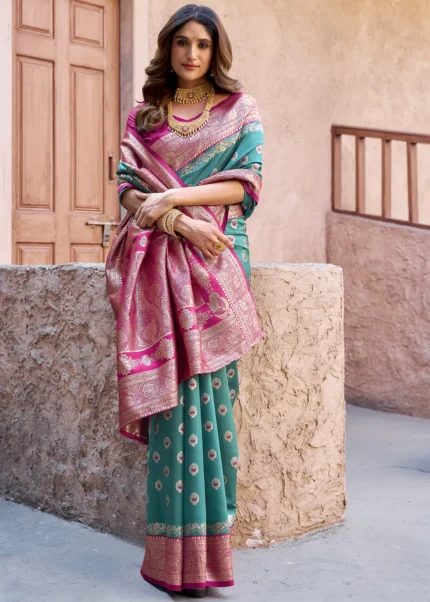 Teal Green & Pink Banarasi Silk Saree