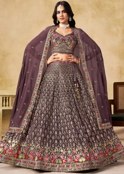 Wine Georgette Embroidered Lehenga Choli with Dupatta
