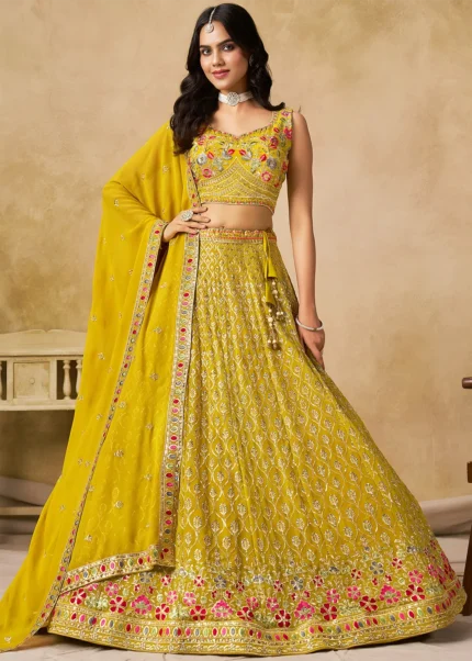 Yellow Georgette Embroidered Lehenga Choli with Dupatta