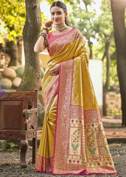 Yellow Kanjivaram Silk Saree with Pink Blouse