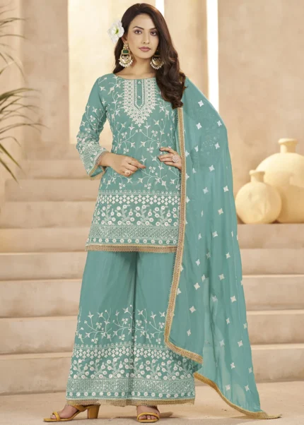 Aqua Blue Georgette Palazzo Suit with Embroidery